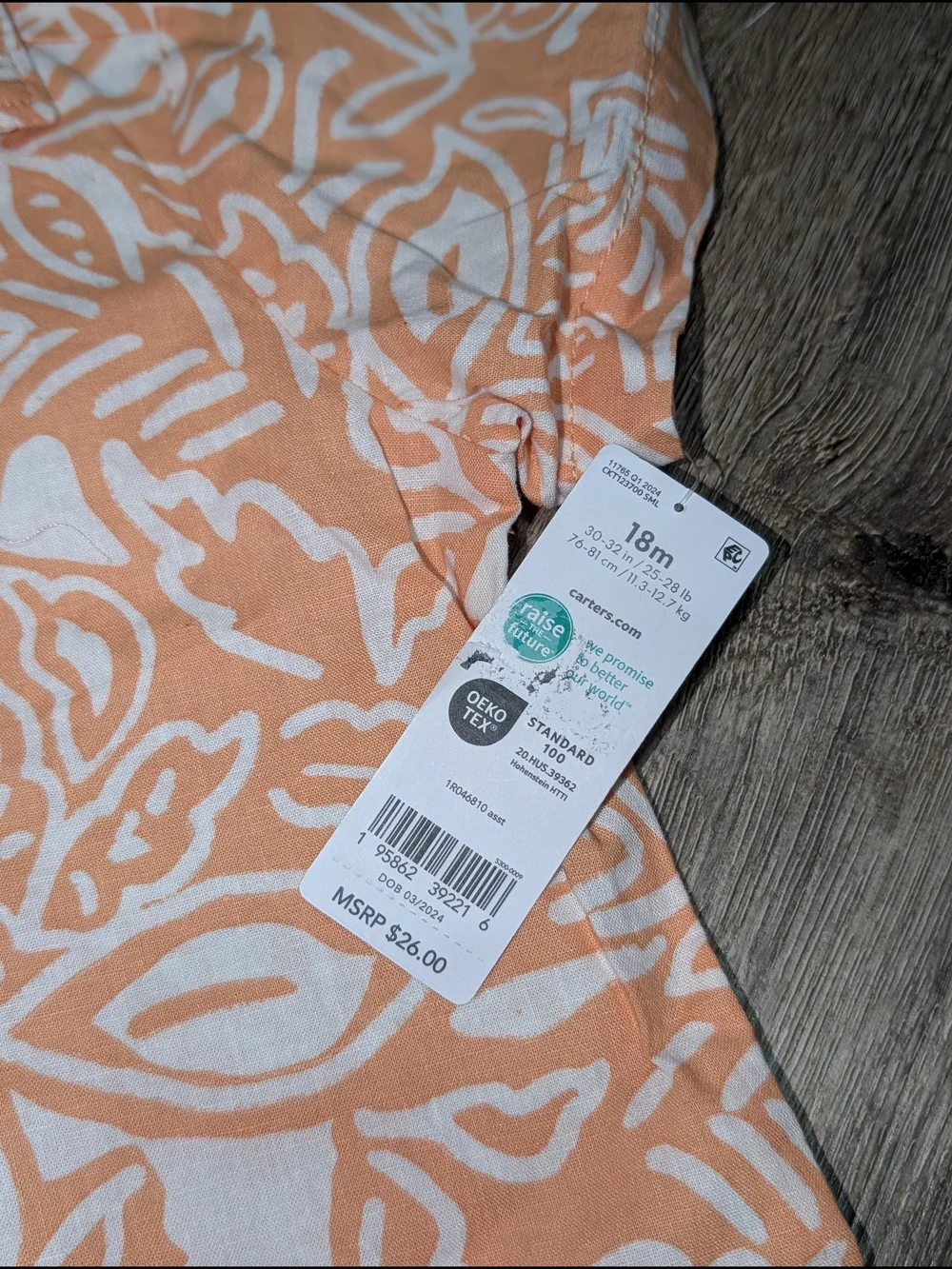 Carter's Boys 18M Orange Tropical Linen Cotton Button-Up Short Sleeve Shirt